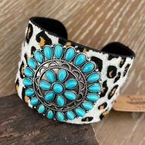 Western Leopard Print Cuff Bracelet with Turquoise Accents